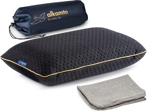 alkamto Travel & Camping Comfortable Memory Foam Pillow with Extra Cotton Cover – Easy to Carry Portable Bag – Temperature Regulating Pillow Case - Perfect for Travelling/Fishing/Backpacking/Hiking in Kuwait