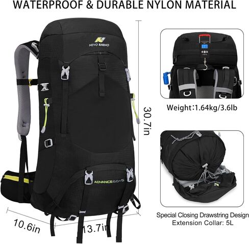 N NEVO RHINO Internal Frame Hiking Backpack 50/60/65/70/80L with Rain Cover | Backpacking Backpack with Padded Hip Belt, Multi-Pockets, Pole Loops, Waterproof Daypack for Men Women Climbing Camping in Kuwait