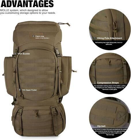Mardingtop 60L Military Internal Frame Backpack for Hiking,Camping,Hunting,Rucksack Backpack with Rain Cover in Kuwait