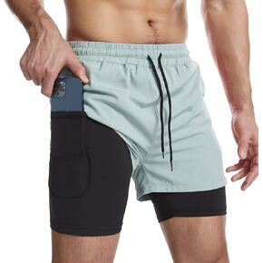 Surenow Mens 2 in 1 Running Shorts Quick Dry Athletic Shorts with Liner, Workout Shorts with Zip Pockets and Towel Loop