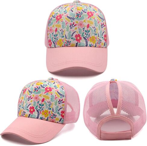 Girls Pony Hat Distressed High Ponytail Messy Bun Baseball Caps Kids Trucker Floral Sun Protection Hats Biking Cap(4-10years) in Saudi Arabia