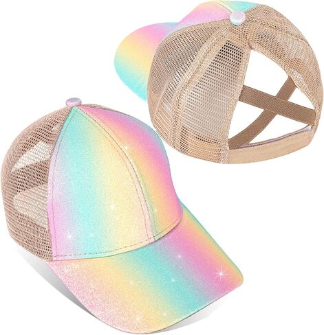 Girls Glitter Baseball Cap Criss Cross Hat, Girl High Ponytail Hat - Kids Trucker Hat with High Bun Messy Ponytail(Ages5-15) in Saudi Arabia