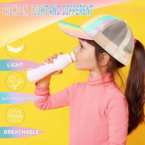 Girls Glitter Baseball Cap Criss Cross Hat, Girl High Ponytail Hat - Kids Trucker Hat with High Bun Messy Ponytail(Ages5-15) in Saudi Arabia