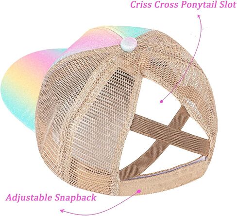 Girls Glitter Baseball Cap Criss Cross Hat, Girl High Ponytail Hat - Kids Trucker Hat with High Bun Messy Ponytail(Ages5-15) in Saudi Arabia