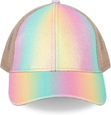 Girls Glitter Baseball Cap Criss Cross Hat, Girl High Ponytail Hat - Kids Trucker Hat with High Bun Messy Ponytail(Ages5-15) in Saudi Arabia