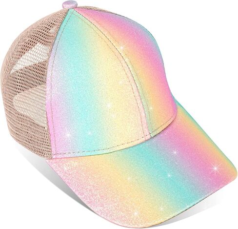 Girls Glitter Baseball Cap Criss Cross Hat, Girl High Ponytail Hat - Kids Trucker Hat with High Bun Messy Ponytail(Ages5-15) in Saudi Arabia