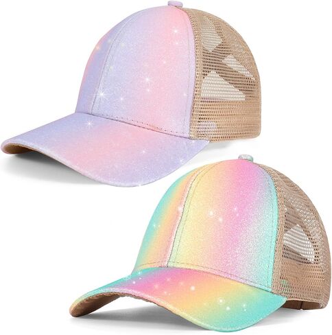 Girls Glitter Baseball Cap Criss Cross Hat, Girl High Ponytail Hat - Kids Trucker Hat with High Bun Messy Ponytail(Ages5-15) in Saudi Arabia