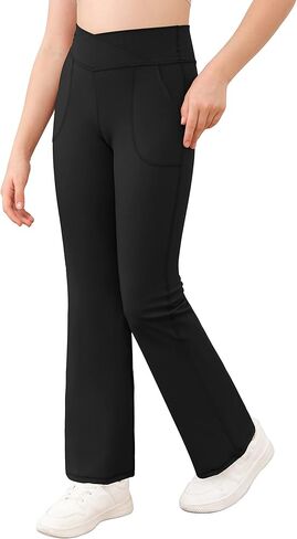 simtuor Girls Flare Yoga Pants with Pockets V Crossover High Waisted Wide Leg Casual Dance Workout Bootcut Pants in Saudi Arabia