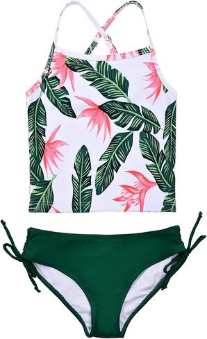 JerrisApparel Girl Tropical Leaf Swimsuit Tankini Swim Set Two Pieces Bathing Suit in Saudi Arabia
