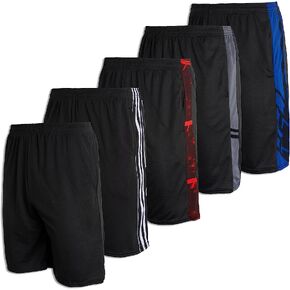 Real Essentials Boys' 5-Pack Mesh Active Athletic Performance Basketball Shorts with Pockets