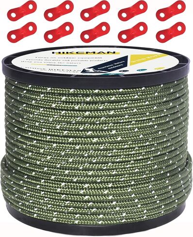 Hikeman 50m Reflective Guyline Solid Braid Nylon Camping Rope with Aluminum Adjuster Cord Tensioner Tent Accessory for Outdoor Travel,Hiking,Backpacking and Water Activities (Army Green, 3mm) in Saudi Arabia