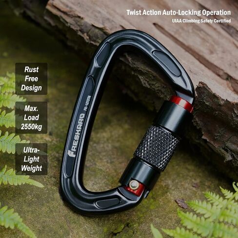 FresKaro UIAA Certified 25KN Auto Locking Climbing Carabiner Clips, Twist Lock, and Heavy Duty Carabiners for Rock Climbing, Rappelling, and Mountaineering, D Shaped 3.93 Inch, Large Size, Black in Saudi Arabia