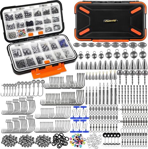 PLUSINNO 264pcs Fishing Accessories Kit, Organized Tackle Box with Tackle Included, Fishing Weights Sinkers, Jig Hooks, Swivels, Beads Combined into 10 Rigs, Fishing Gear Set for Bass Trout in Saudi Arabia