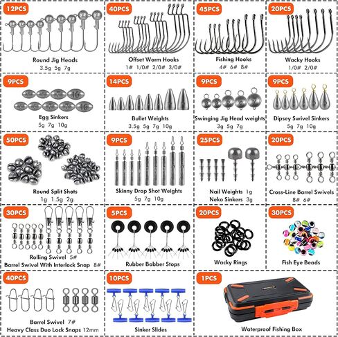 PLUSINNO 264pcs Fishing Accessories Kit, Organized Tackle Box with Tackle Included, Fishing Weights Sinkers, Jig Hooks, Swivels, Beads Combined into 10 Rigs, Fishing Gear Set for Bass Trout in Saudi Arabia