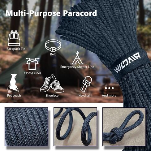WILDAIR 750lb Paracord Parachute Cord Lanyard Ropes U.S. Military Type IV-11 Triple Strands 100FT Outdoor Camping (Black) in Kuwait