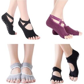 جوارب يوجا بدون أكمام للنساء من ReachTop، 4 أزواج من الجوارب غير القابلة للانزلاق للياقة البدنية عند أصابع القدم، جوارب قطنية شبشب للرقص البيلاتيس باري in Kuwait