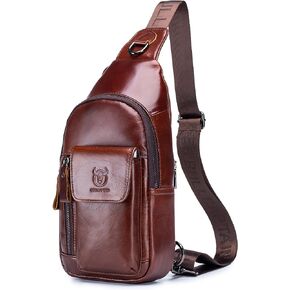 BULLCAPTAIN Genuine Leather Sling Bag for Men Multi-pocket Casual Travel Crossbody Chest Bag Hiking Backpacks