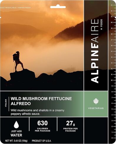 AlpineAire Foods Wild Mushroom Fettuccine Alfredo, Freeze-Dried/Dehydrated, Entrée Meal Pouch, Just add Water, Black in Kuwait