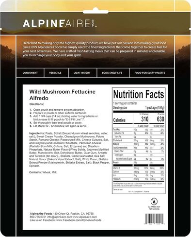 AlpineAire Foods Wild Mushroom Fettuccine Alfredo, Freeze-Dried/Dehydrated, Entrée Meal Pouch, Just add Water, Black in Kuwait