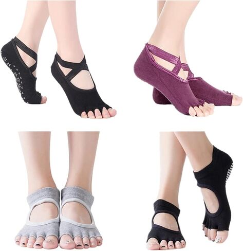 جوارب يوجا بدون أكمام للنساء من ReachTop، 4 أزواج من الجوارب غير القابلة للانزلاق للياقة البدنية عند أصابع القدم، جوارب قطنية شبشب للرقص البيلاتيس باري in Kuwait