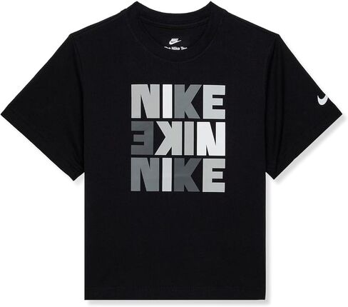 تي شيرت Nike للفتيات NSW بطباعة مربعة (الأطفال الصغار/الأطفال الكبار) أسود مقاس SM (8 أطفال كبار) in Saudi Arabia