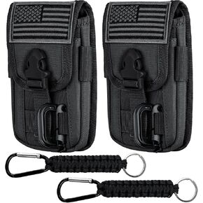 bvya 2 Pack Tactical Molle Phone Pouch, Phone Holster Utility Card Holder with Flag Patch Paracord Keyring and D-Ring for iPhone 15 Pro Max/14 Pro Max (Navy Blue#1)