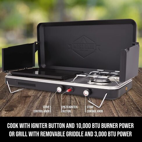 Hike Crew 2-in-1 Gas Camping Stove and Griddle, Portable Propane Burner w/Integrated Igniter & Stainless Drip Tray | Built-in Carrying Handle, Foldable Legs & Wind Panels | Includes Regulator in Saudi Arabia