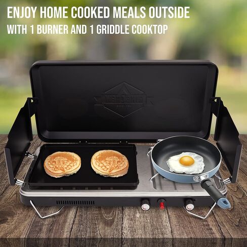 Hike Crew 2-in-1 Gas Camping Stove and Griddle, Portable Propane Burner w/Integrated Igniter & Stainless Drip Tray | Built-in Carrying Handle, Foldable Legs & Wind Panels | Includes Regulator in Saudi Arabia