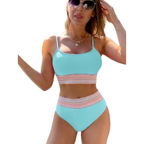 GORGLITTER Women's 2 Piece Color Block Bikini Set Wireless Swimsuit High Waisted Bathing Suit