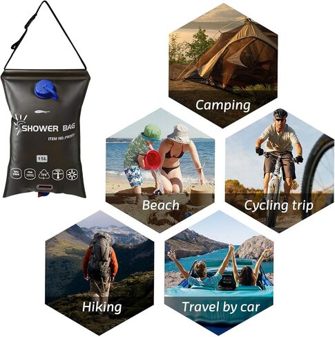 AFISHTOUR Camping Shower, Camping Supplies for Portable Shower, 15L/3.96 Gallons Showers for Camping Sports Water Bag Camping Shower Bag with Shower Head Hose in Kuwait
