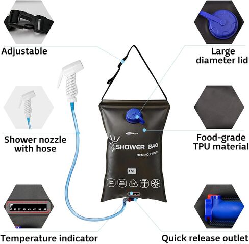 AFISHTOUR Camping Shower, Camping Supplies for Portable Shower, 15L/3.96 Gallons Showers for Camping Sports Water Bag Camping Shower Bag with Shower Head Hose in Kuwait
