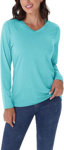 EKLENTSON Women's T-Shirts UPF 50+ Quick Dry Solid Color Athletic Workout V-Neck Long Sleeve Shirt for Women in Kuwait