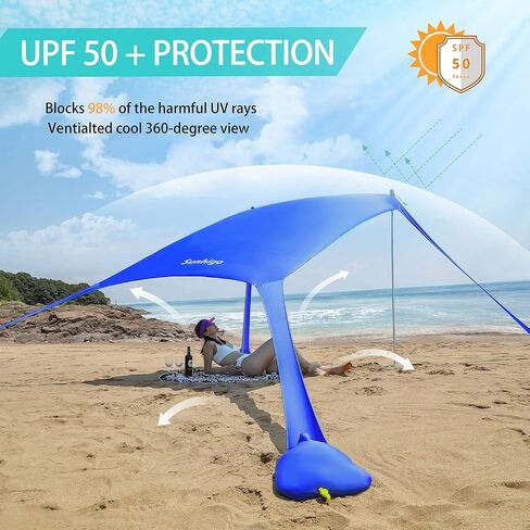 Beach Shade Canopy UPF50+ Family Beach Tent with 4 Aluminum Poles, Sand Shovel and Carry Bag, Portable Beach Sunshade Pop Up Sun Shelter for Beach,Fishing,Backyard and Picnics (10x10 Ft,Navy) in Saudi Arabia