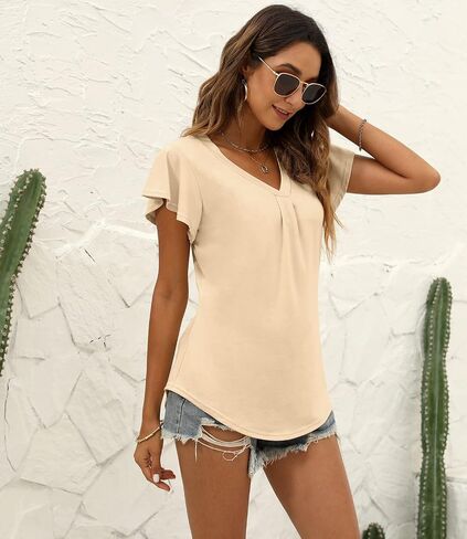 Women's Summer Tops Ruffle Sleeve V Neck Tunic Shirts Business Casual Flowy Blouses for Women in Kuwait
