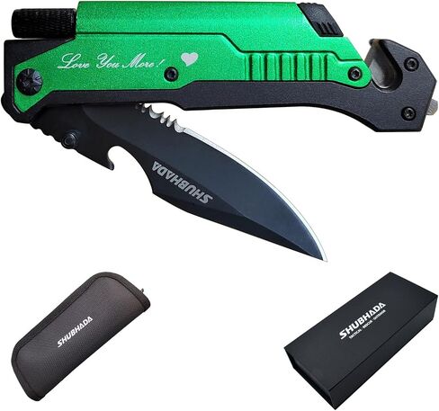 Father's Gift Folding Pocket Knives Multi Function Emergency Tool Knives Led Light Magnesium fire starter Seatbelt cutter Glass breaker Bottle opener（Black） in Kuwait