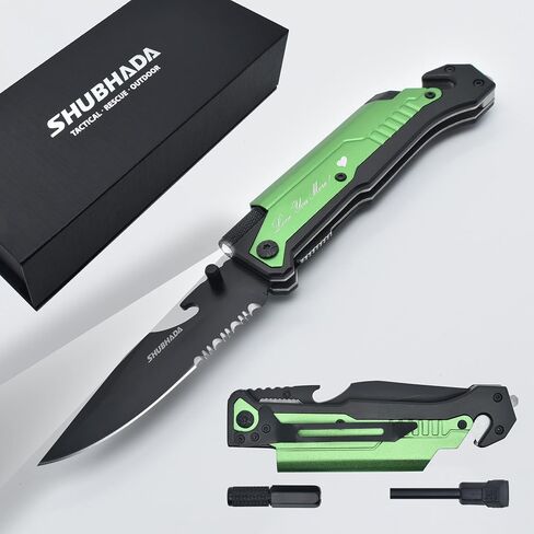Father's Gift Folding Pocket Knives Multi Function Emergency Tool Knives Led Light Magnesium fire starter Seatbelt cutter Glass breaker Bottle opener（Black） in Kuwait