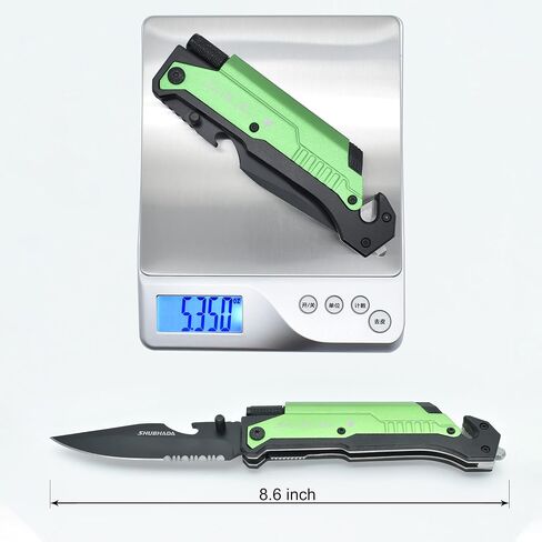 Father's Gift Folding Pocket Knives Multi Function Emergency Tool Knives Led Light Magnesium fire starter Seatbelt cutter Glass breaker Bottle opener（Black） in Kuwait