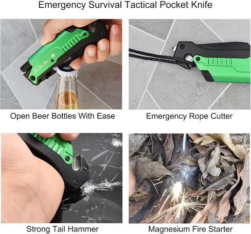 Father's Gift Folding Pocket Knives Multi Function Emergency Tool Knives Led Light Magnesium fire starter Seatbelt cutter Glass breaker Bottle opener（Black） in Kuwait