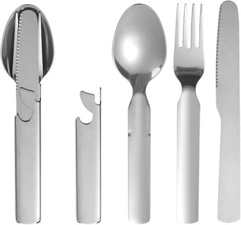 Orapink 4 Pieces Camping Utensil Set,4 In 1 Outdoor Portable Stainless Steel Spoon,Fork & Bottle Opener Combo Set For Hiking Camping Travel Functional Eating Multi-Tool in Kuwait