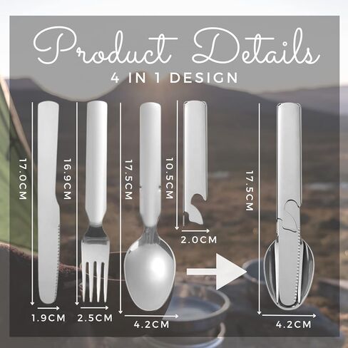 Orapink 4 Pieces Camping Utensil Set,4 In 1 Outdoor Portable Stainless Steel Spoon,Fork & Bottle Opener Combo Set For Hiking Camping Travel Functional Eating Multi-Tool in Kuwait