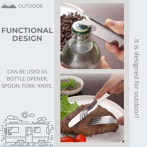 Orapink 4 Pieces Camping Utensil Set,4 In 1 Outdoor Portable Stainless Steel Spoon,Fork & Bottle Opener Combo Set For Hiking Camping Travel Functional Eating Multi-Tool in Kuwait