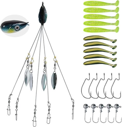 Momiuchear 21 Pcs Alabama Umbrella Rig 5 Arms for Bass Striper Rig Fishing Lures Bait Kit with Swimbaits for Perch Walleye Trout Freshwater/Saltwater Boat Trolling in Saudi Arabia