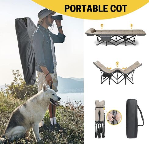 ATORPOK Folding Camping Cot for Adults with Cushion and Pillow | Portable Sleeping Bed with Carry Bag; 450LBS Heavy Duty Support; Lightweight Tent Cot for Camping, Patio & Home Use in Saudi Arabia
