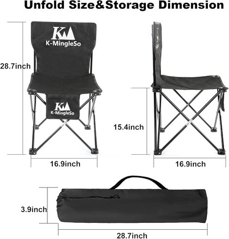 K-MingleSo Upgraded Folding Camping Chair with Side Pocket, Compact Ultralight Backpacking Chair for Fishing, BBQ, Beach, Travel, Picnic, Large Size, Hold Up to 330lbs [Black] in Kuwait