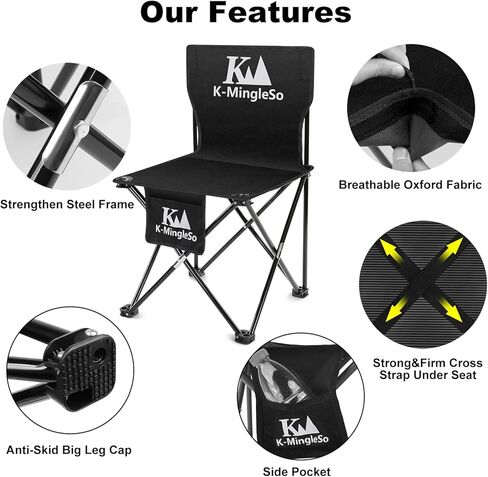 K-MingleSo Upgraded Folding Camping Chair with Side Pocket, Compact Ultralight Backpacking Chair for Fishing, BBQ, Beach, Travel, Picnic, Large Size, Hold Up to 330lbs [Black] in Kuwait