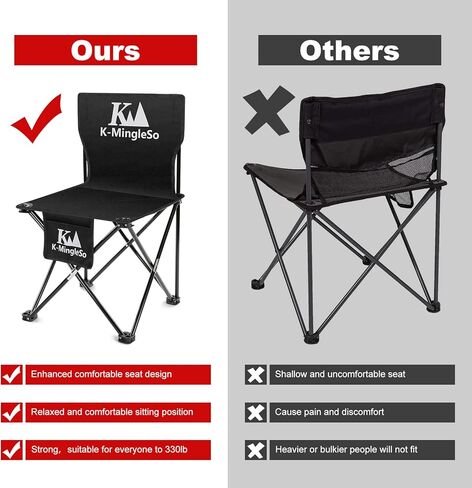 K-MingleSo Upgraded Folding Camping Chair with Side Pocket, Compact Ultralight Backpacking Chair for Fishing, BBQ, Beach, Travel, Picnic, Large Size, Hold Up to 330lbs [Black] in Kuwait
