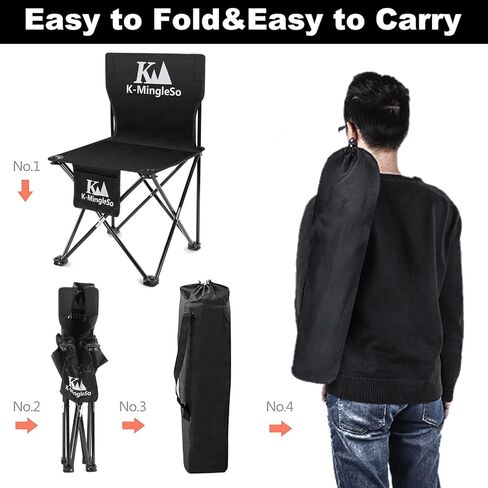 K-MingleSo Upgraded Folding Camping Chair with Side Pocket, Compact Ultralight Backpacking Chair for Fishing, BBQ, Beach, Travel, Picnic, Large Size, Hold Up to 330lbs [Black] in Kuwait