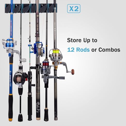 حامل صنارة صيد للجراج، حامل صنارة صيد يثبت على الحائط، رف صنارة صيد يحمل ما يصل الى 12 صنارة او مجموعة، رف صنارة الصيد للمراب والتخزين والحائط وحامل صنارة السقف من قطعتين in Kuwait