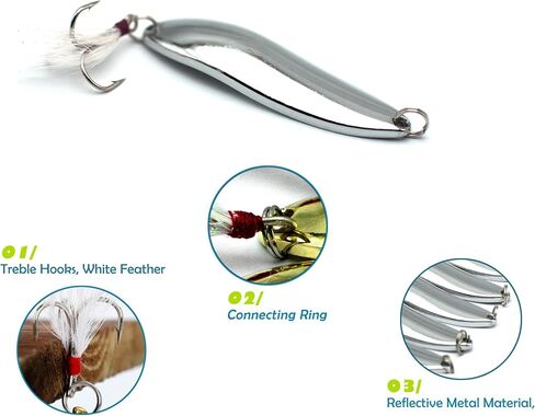 10/20 Pieces 22g Fishing Lures Spoons Saltwater Treble Feather Hooks Hard Metal Spinner Baits Casting Spoon Silvery for Salmon Bass in Kuwait