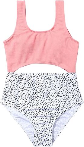 MakeMeChic Girl's Cut Out Dot Print One Piece Swimsuit Color Block Bathing Suit in Saudi Arabia